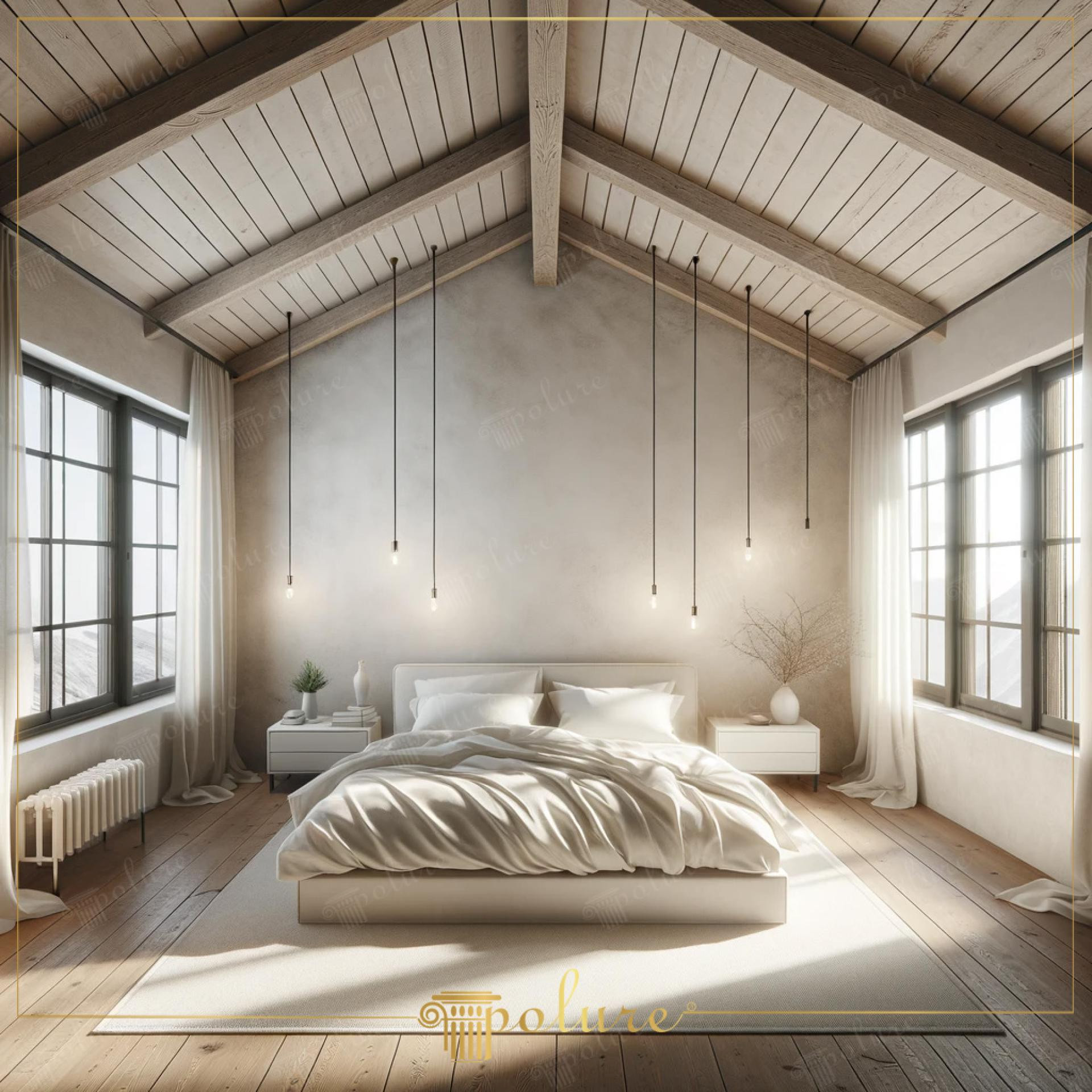 Dormitor minimalist în mansardă cu tavan înclinat din scânduri și grinzi deschise