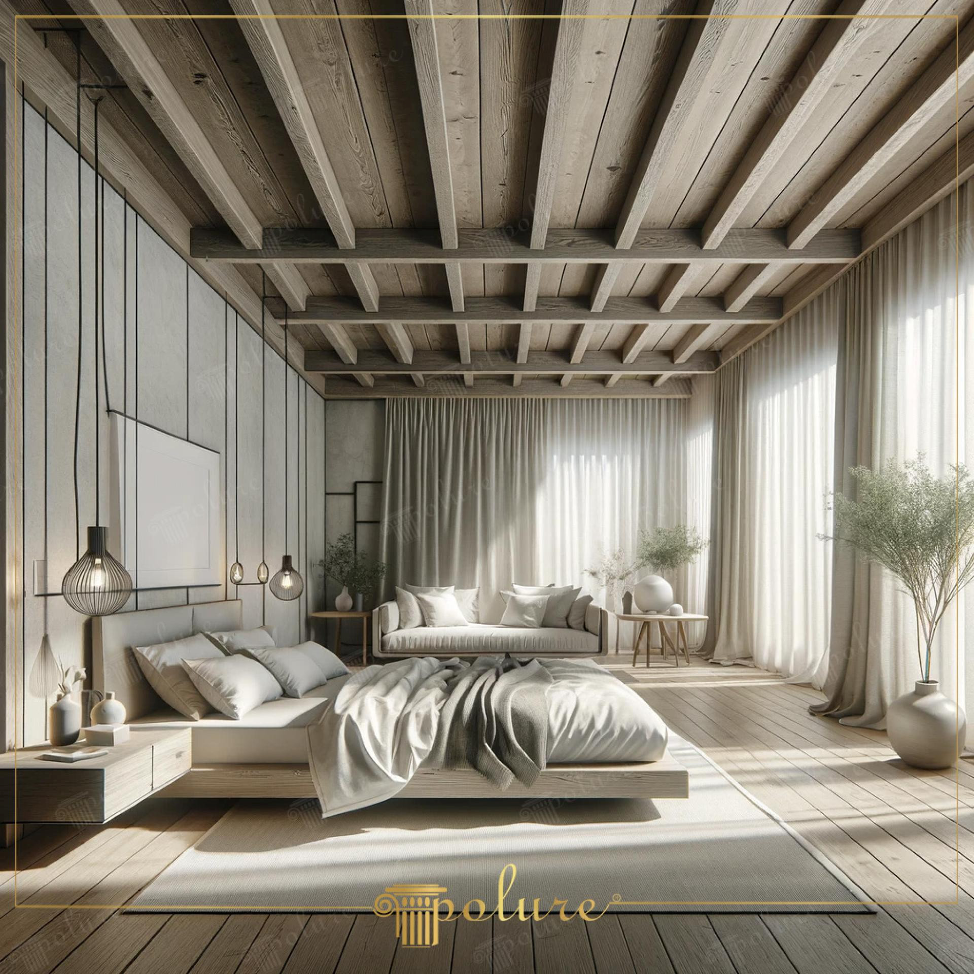 Dormitor modern cu tavan din grinzi decorative deschise și draperii vaporoase