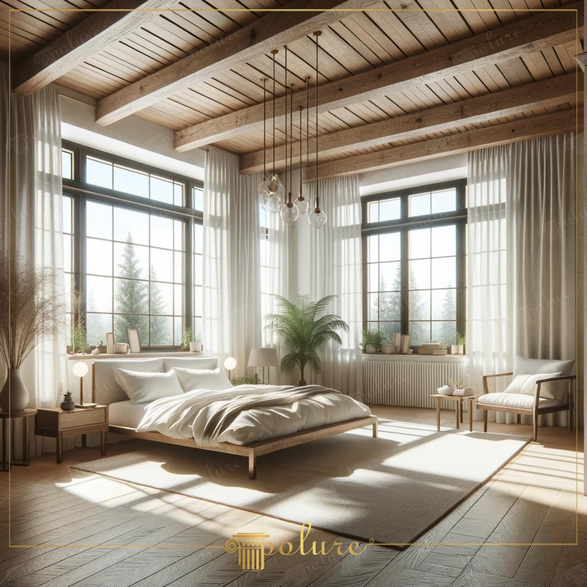 Dormitor scandinav luminos cu grinzi din poliuretan aspect lemn pe tavan si ferestre mari cu perdele albe