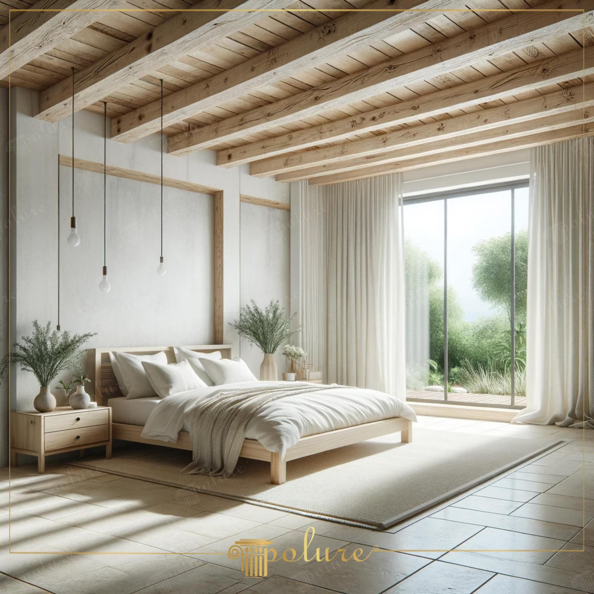 Dormitor rustic minimalist cu grinzi din poliuretan pe tavan si fereastra mare spre gradina