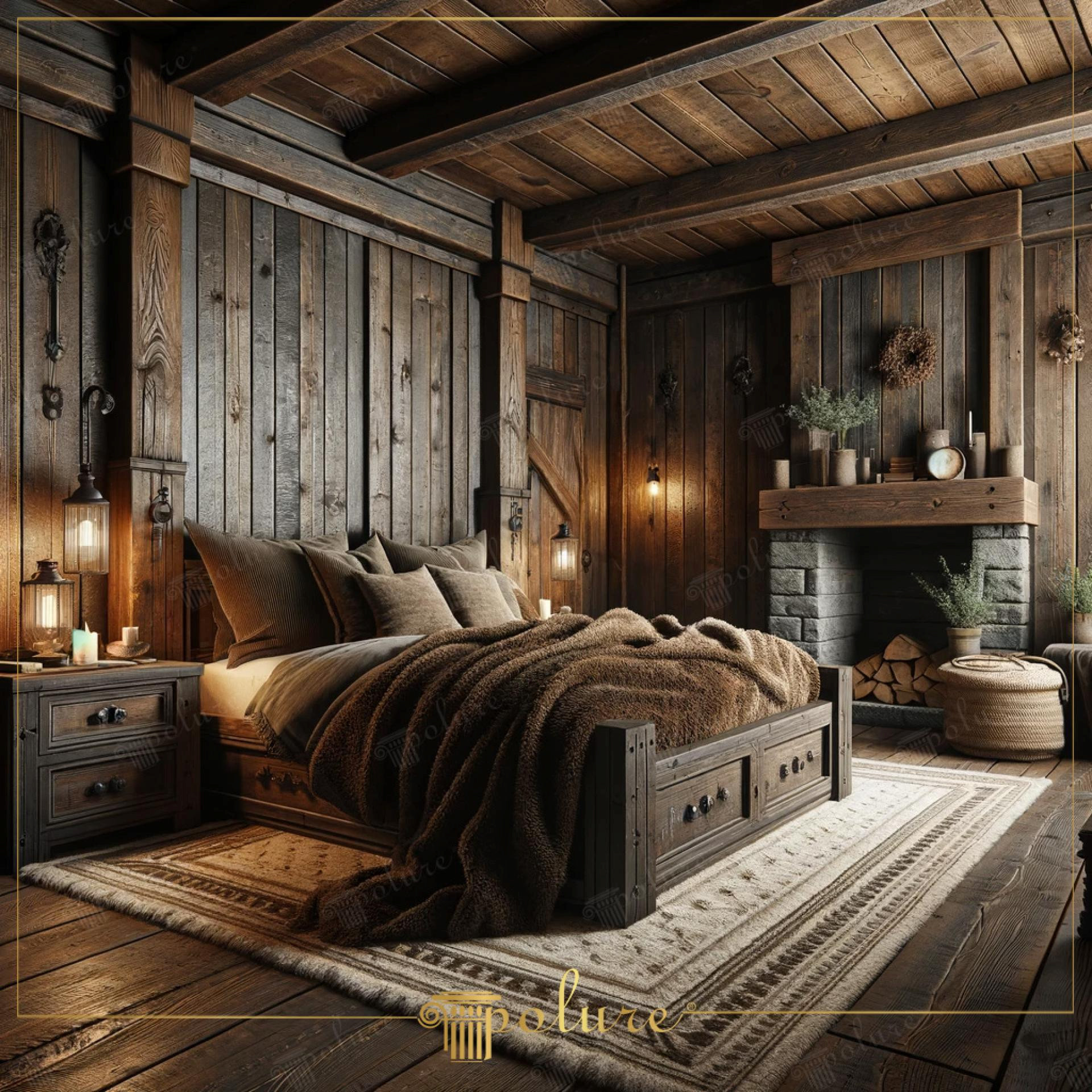 Dormitor de chalet rustic cu grinzi inchise din poliuretan, lambriuri de lemn si semineu din piatra