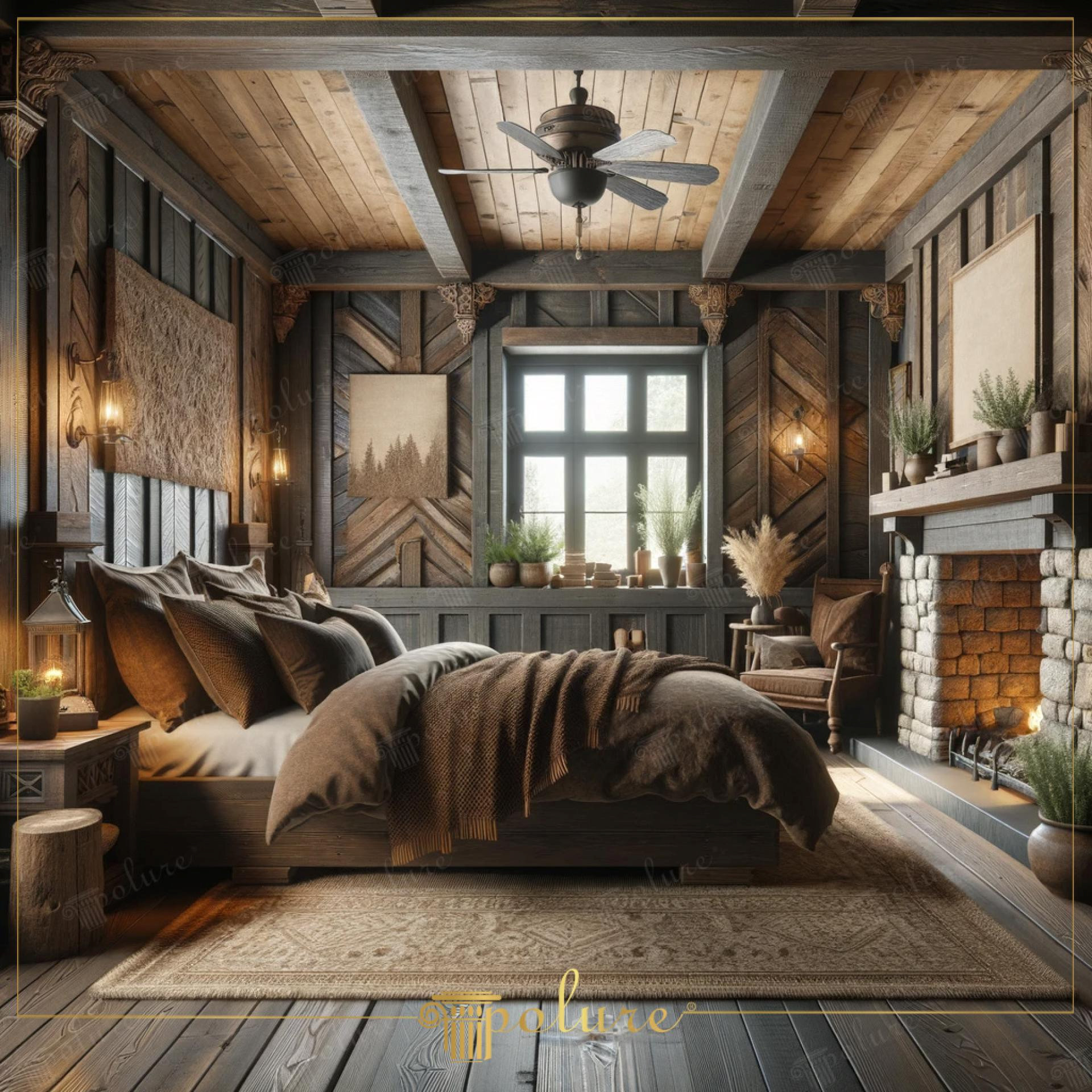 Dormitor rustic cu tavan casetat, console sculptate din poliuretan si semineu de piatra cu focul aprins