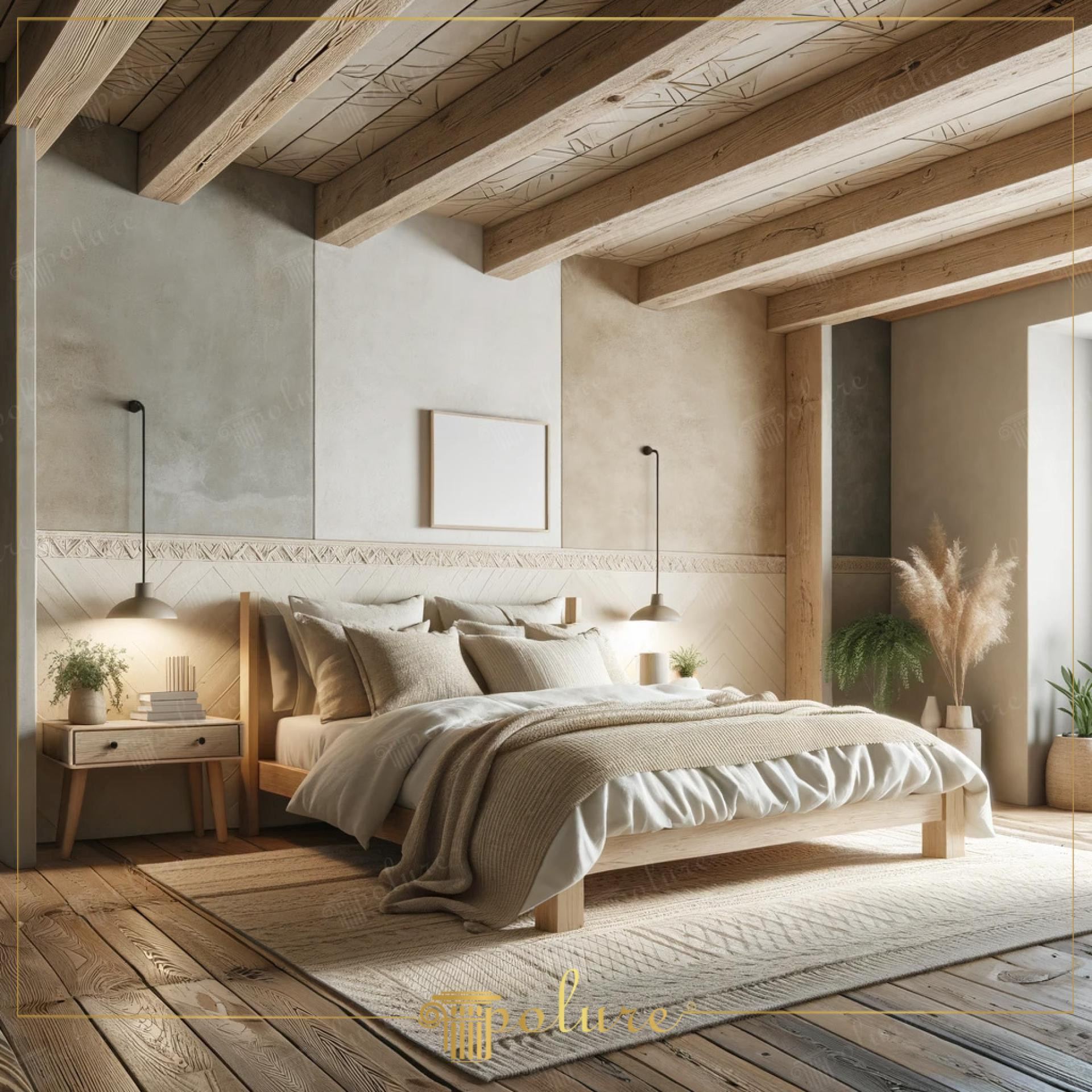 Dormitor modern-rustic luminos cu grinzi din poliuretan aspect stejar deschis si brau decorativ pe perete