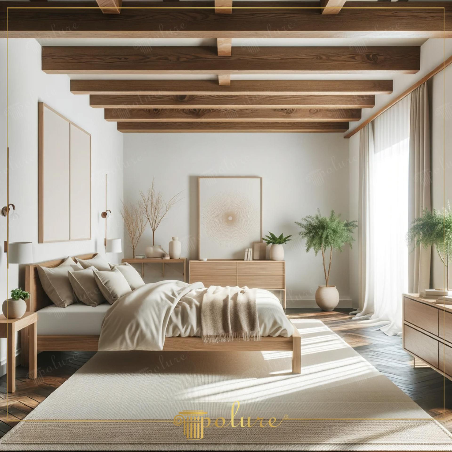 Dormitor modern cu grinzi decorative din poliuretan pe tavan alb și pat din stejar