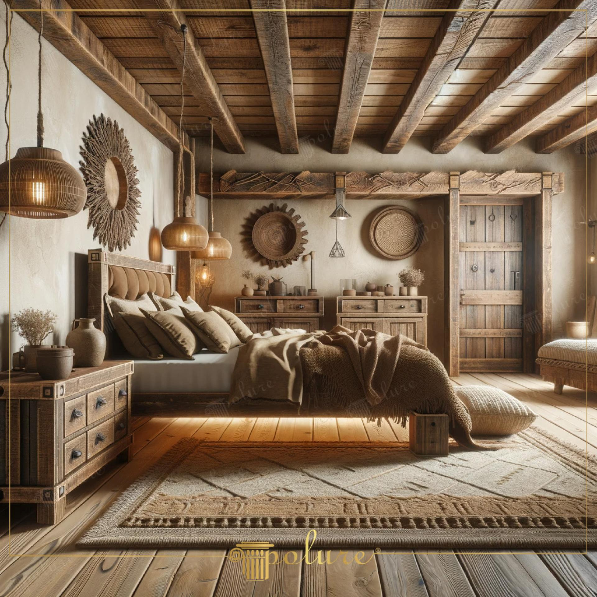 Dormitor rustic-boem cu grinzi decorative din poliuretan și accente din rattan