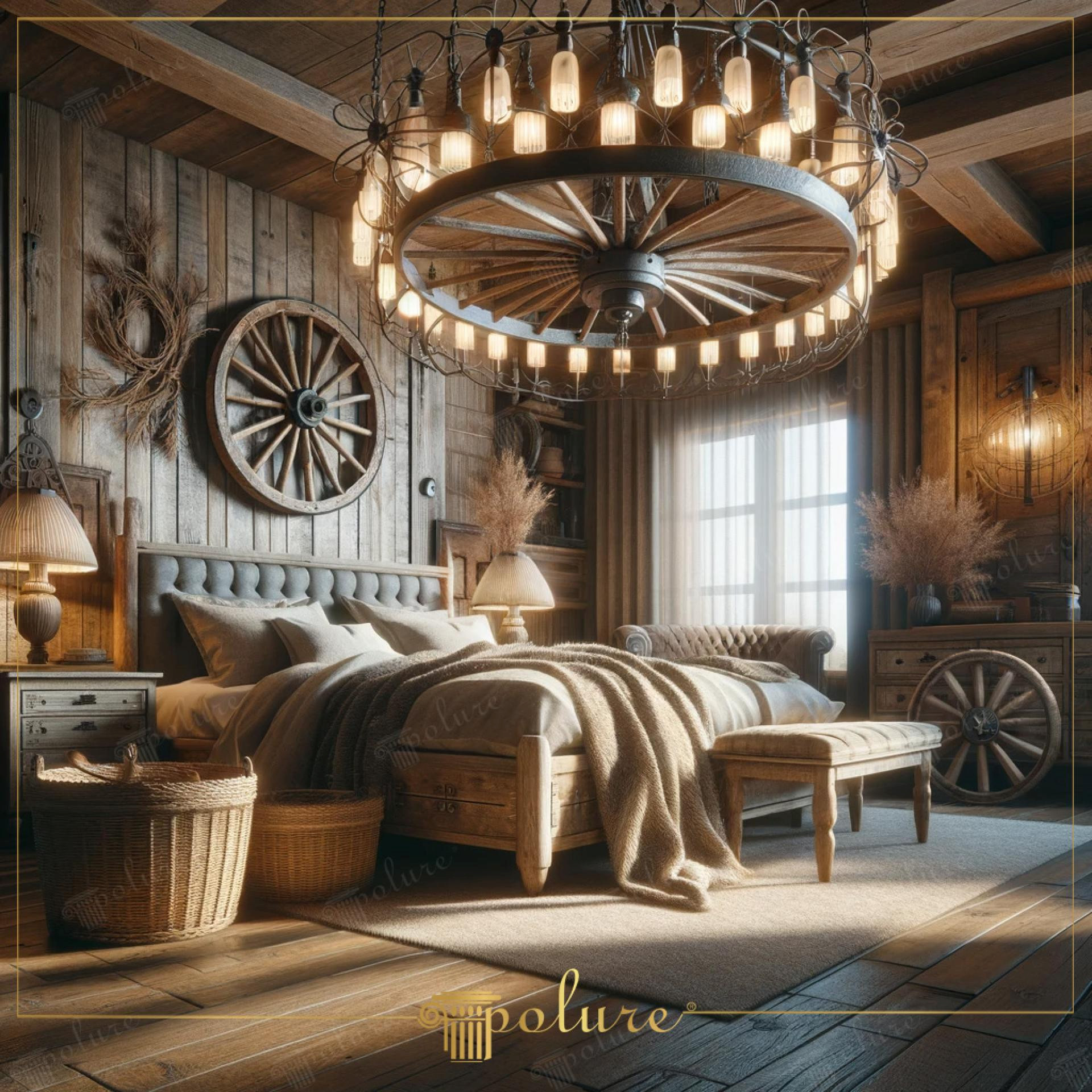 Dormitor country cu grindă din poliuretan, lambriu de lemn și roți de căruță decorative