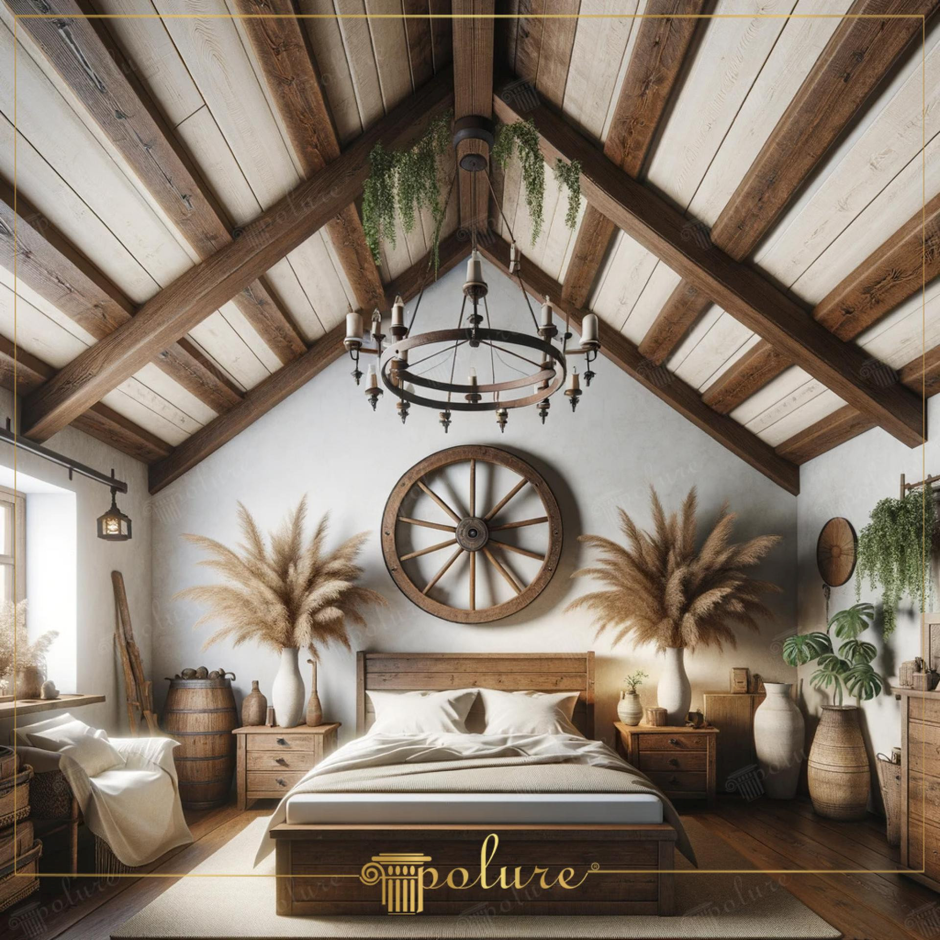 Dormitor rustic simetric cu grinzi din poliuretan, roată de căruță și buchete de pampas