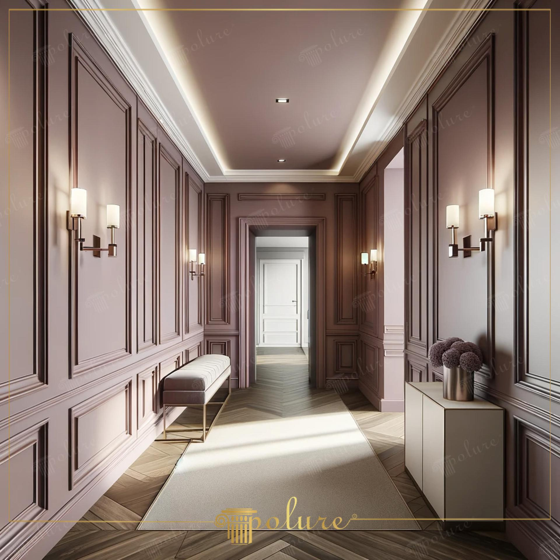 Hol elegant în nuanțe de roz pudrat cu lambriu decorativ, cornișe LED și banchetă tapițată