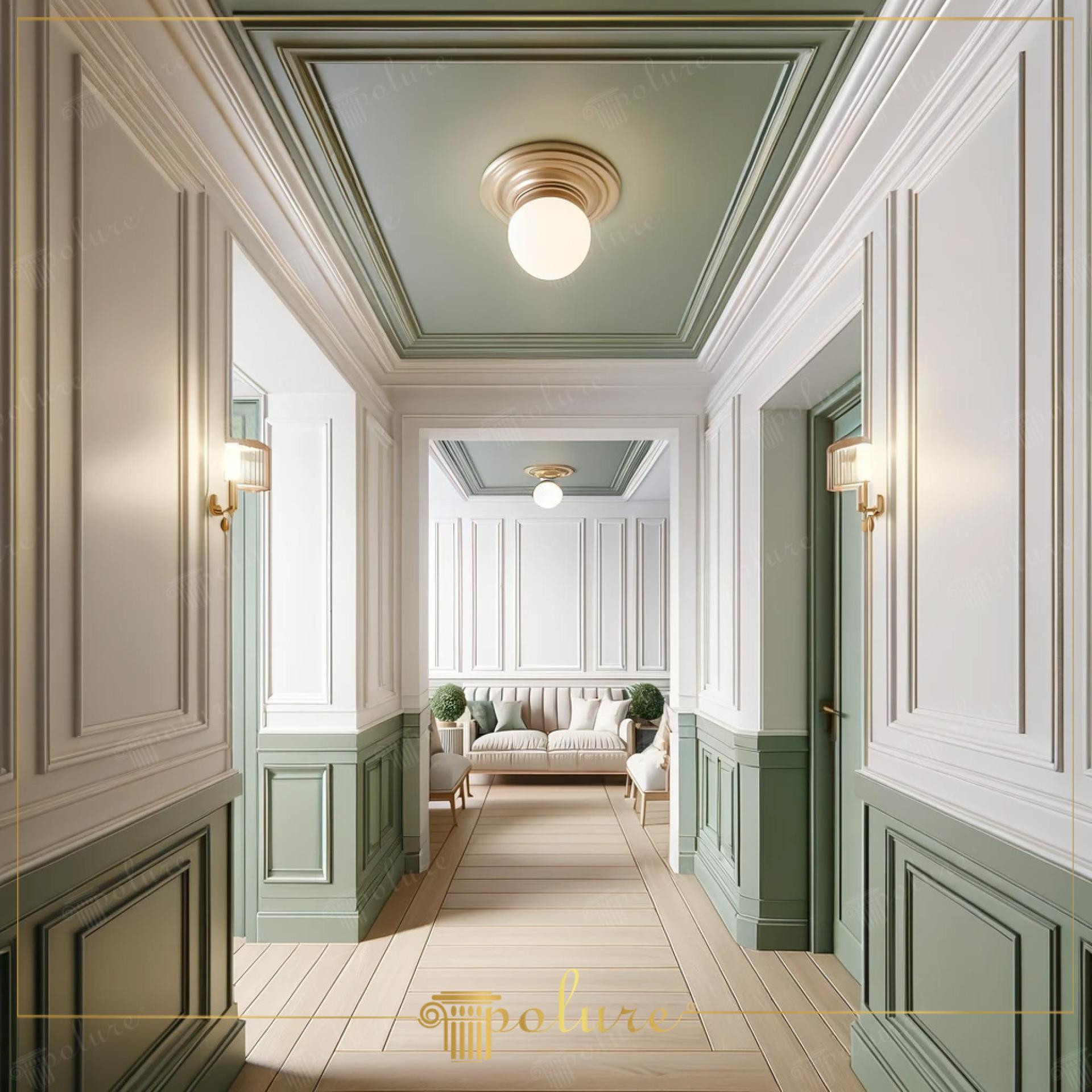 Hol cu wainscot verde salvie, pereti albi si tavan cu rozeta decorativa
