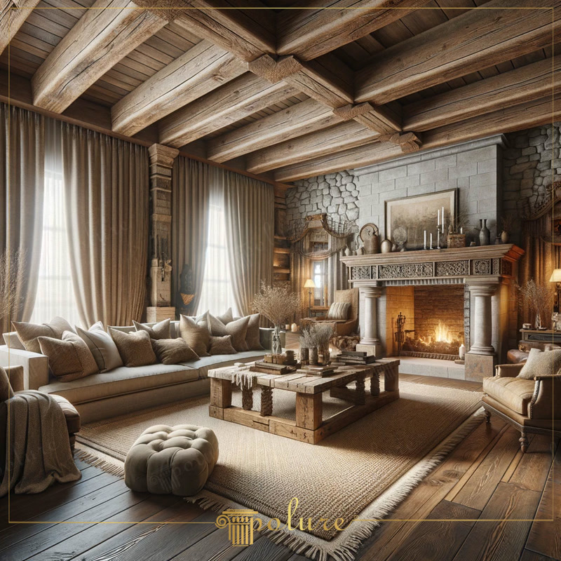 Semineu rustic cu coloane din poliuretan în living