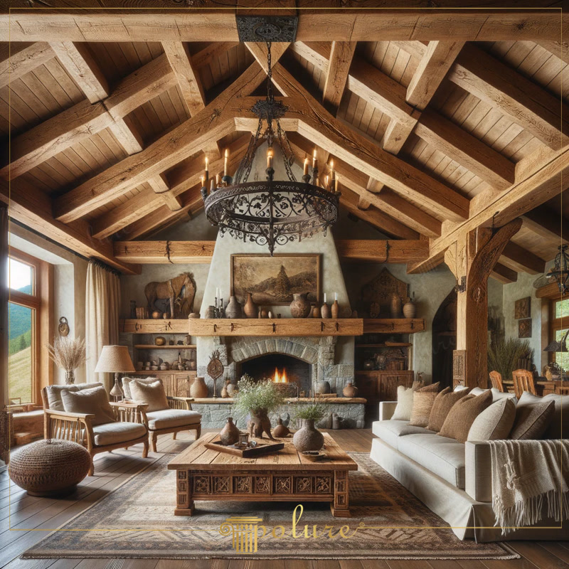 Living rustic montan cu tavan din grinzi de lemn și semineu de piatră