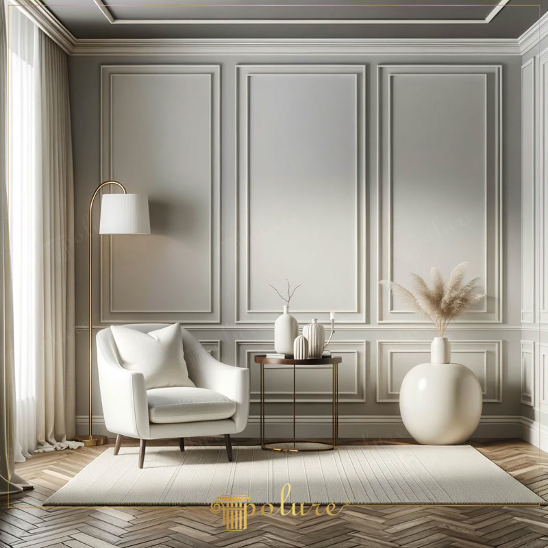 Colt de relaxare cu fotoliu alb si panouri decorative din poliuretan pe perete gri
