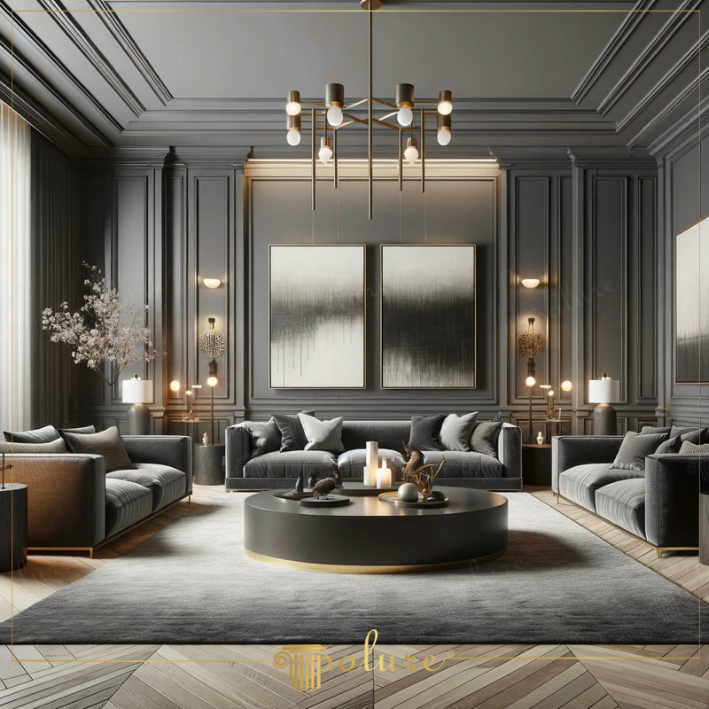 Living gri elegant cu boiserie si ancadramente din poliuretan