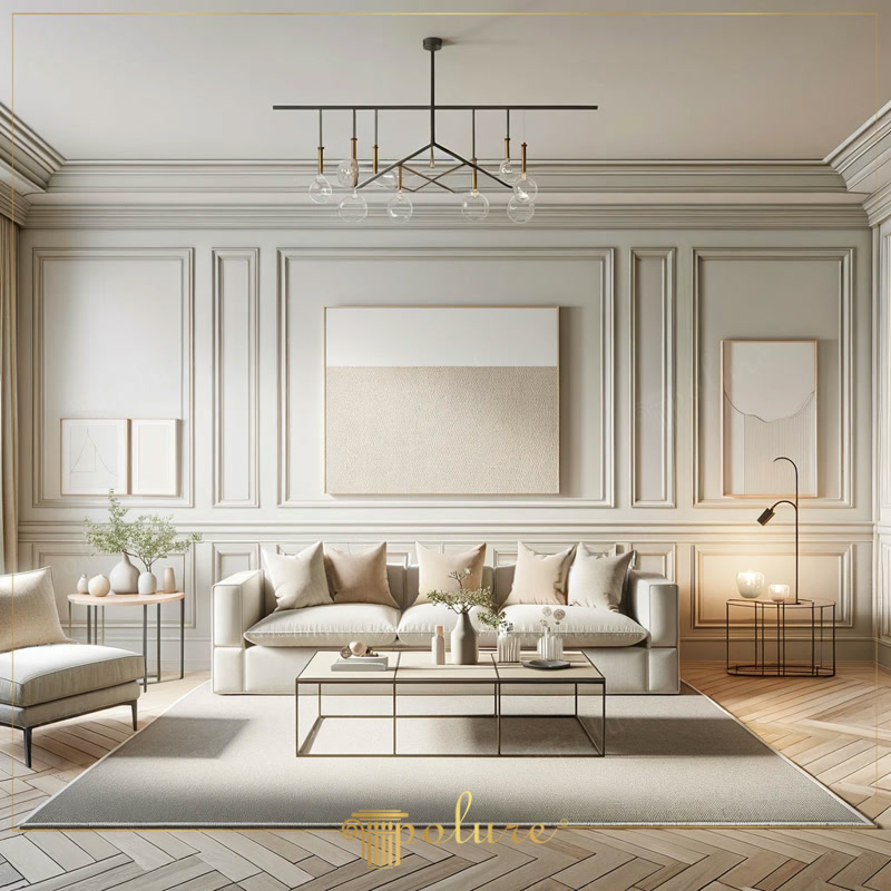 Living minimalist bej cu canapea deschisa si panouri decorative din poliuretan