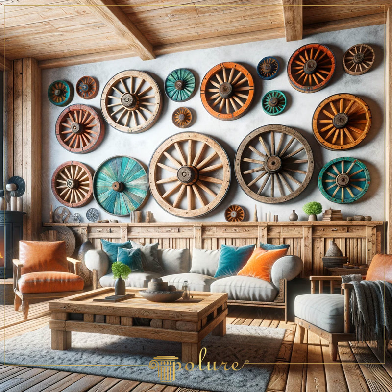 Perete rustic decorat cu roți de căruță și mobilier din lemn