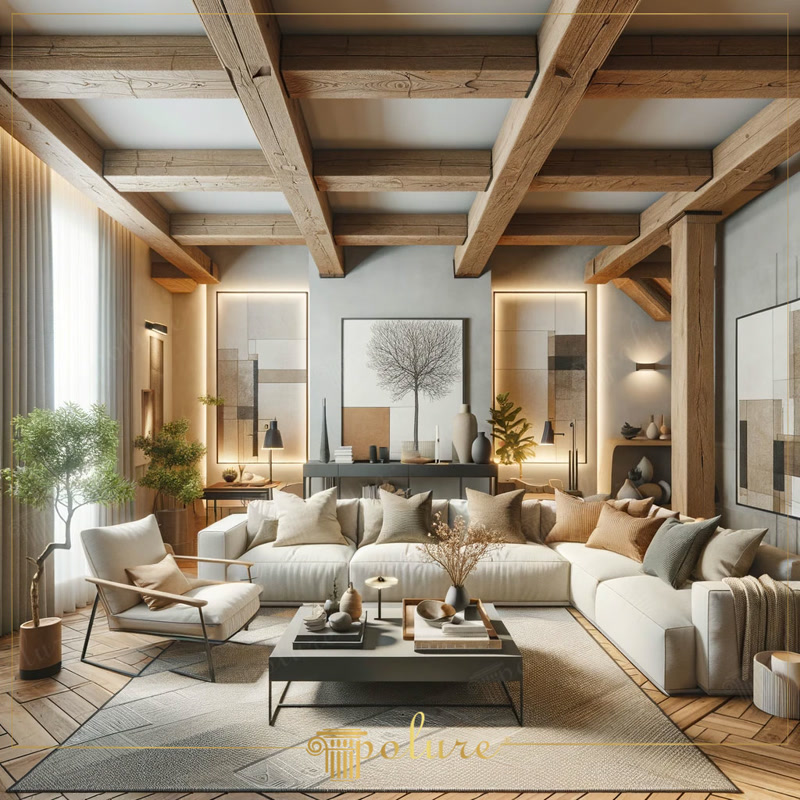 Grinzi decorative aparente intr-un living modern luminos