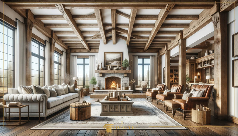 Grinzi aparente din poliuretan intr-un living rustic elegant