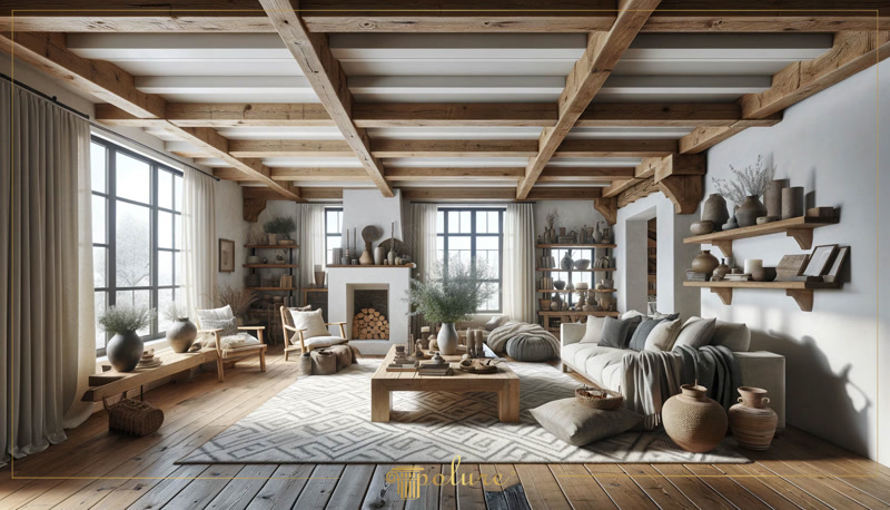 Living rustic cu grinzi aparente si semineu alb din poliuretan