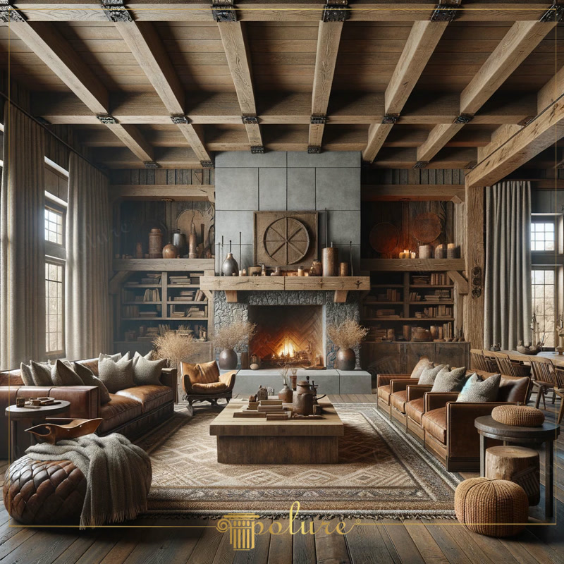 Salon rustic amplu cu tavan casetat din grinzi de lemn