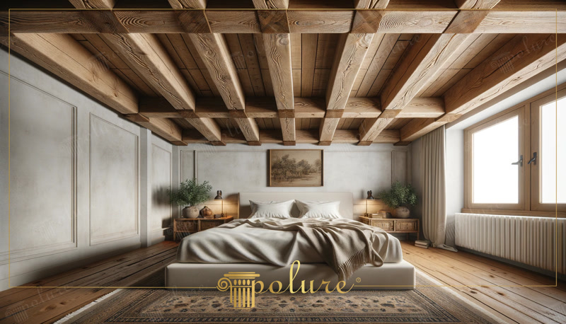 Dormitor rustic luminos cu grinzi de lemn pe tavan