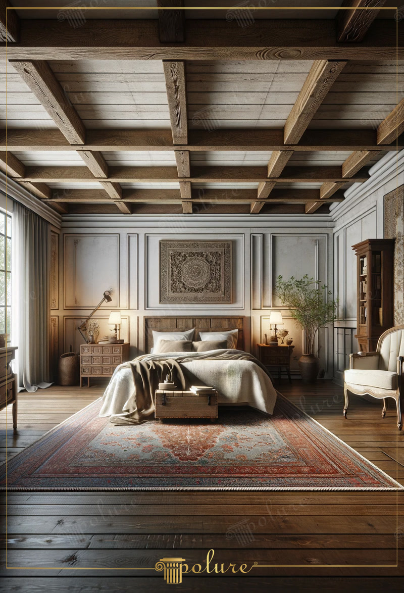 Dormitor neoclasic cu boiserie și grinzi decorative