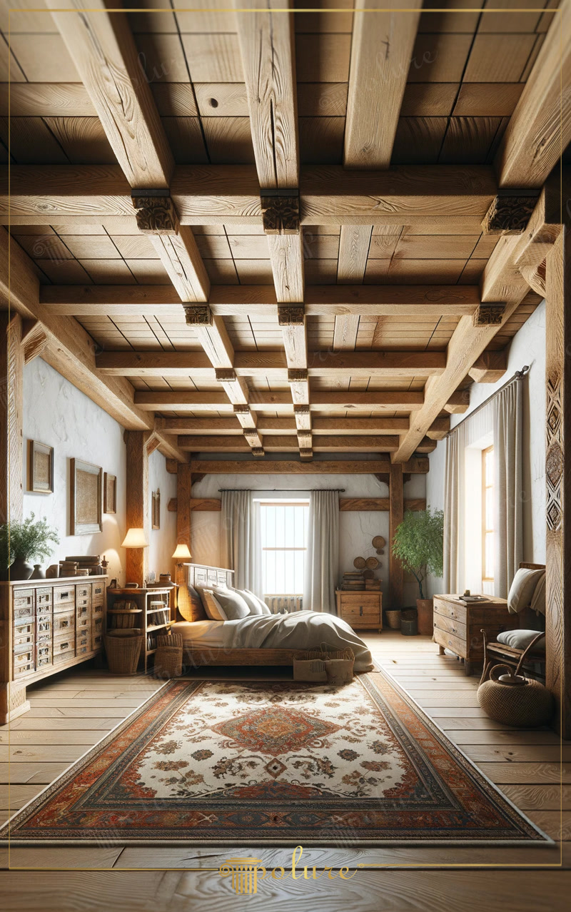 Dormitor rustic cu grinzi și console sculptate la îmbinări