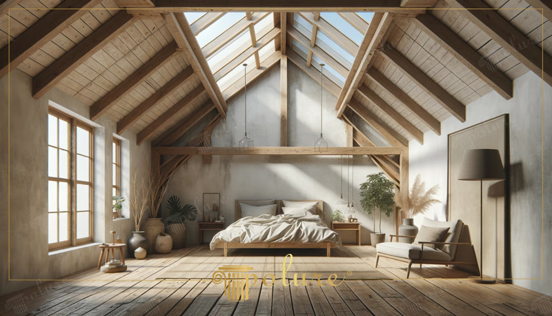 Dormitor minimalist la mansardă cu căpriori aparenți