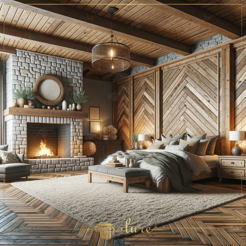 Dormitor rustic cu șemineu de piatră și lambriu în spic