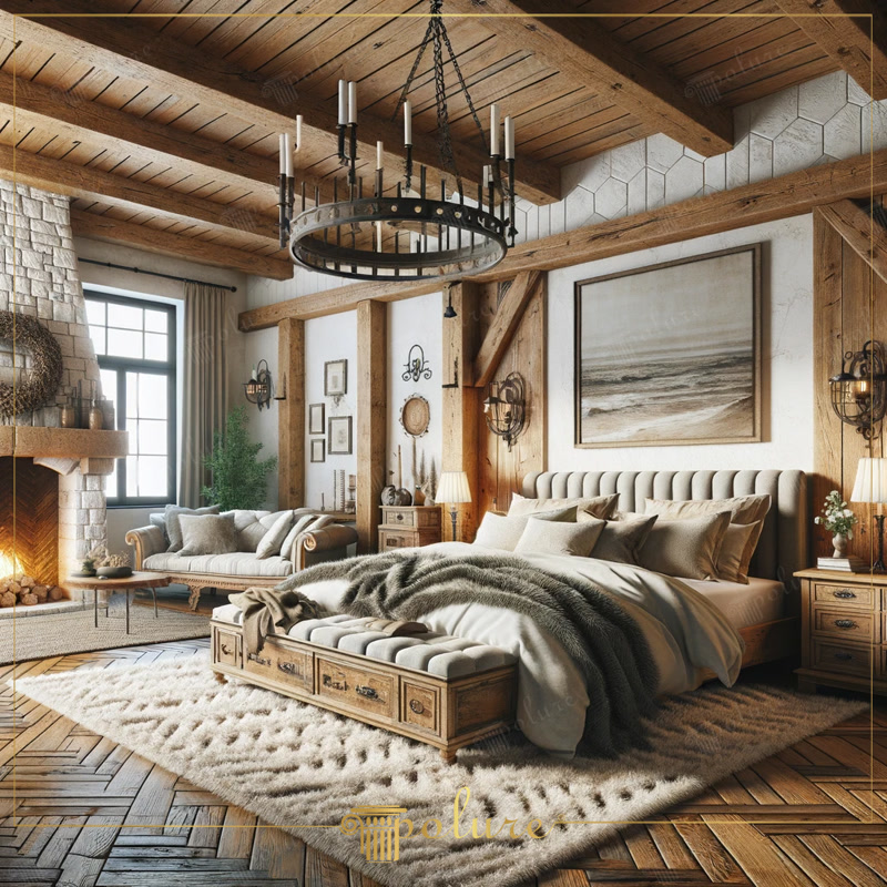 Dormitor rustic cu grinzi masive și șemineu de colț