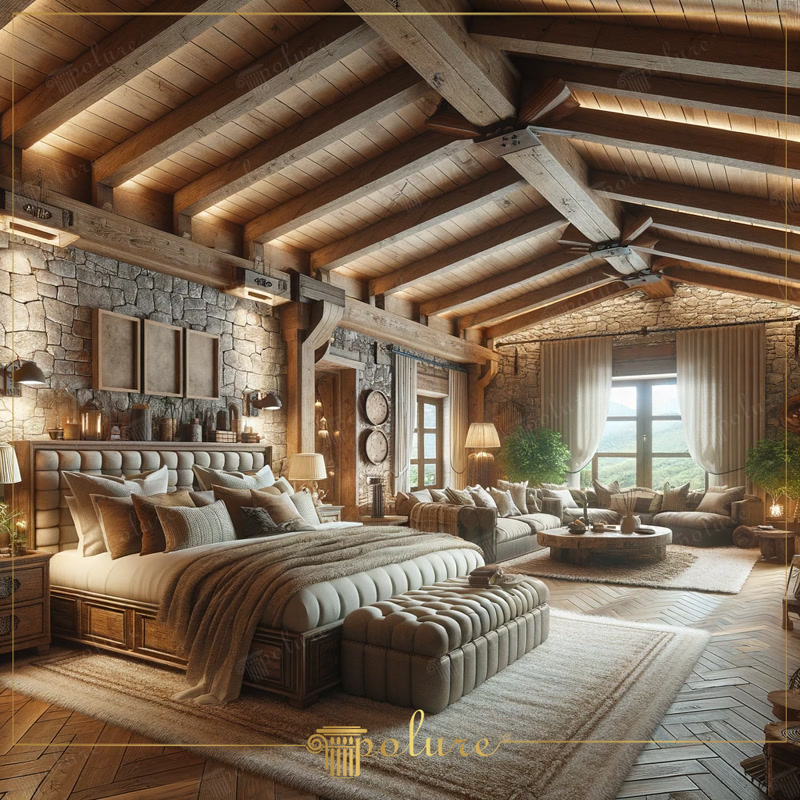 Dormitor rustic amplu cu tavan boltit din grinzi și pereți de piatră