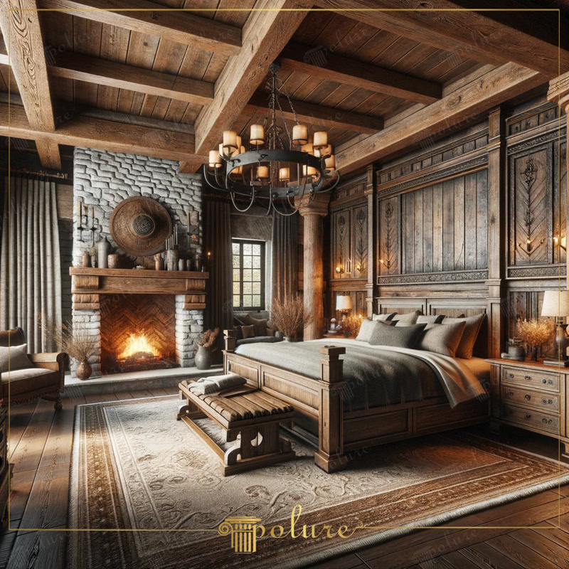 Dormitor rustic elegant cu lambriuri din lemn și șemineu