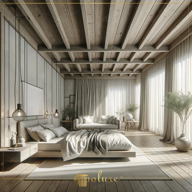 Dormitor modern cu grinzi decorative aparente pe tavan