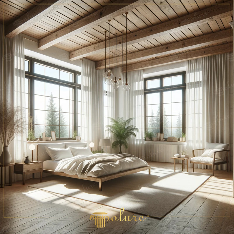 Grinzi decorative din poliuretan intr-un dormitor scandinav luminos