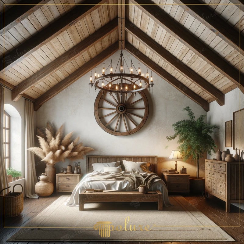 Dormitor rustic cu grinzi decorative din poliuretan pe tavan în șarpantă