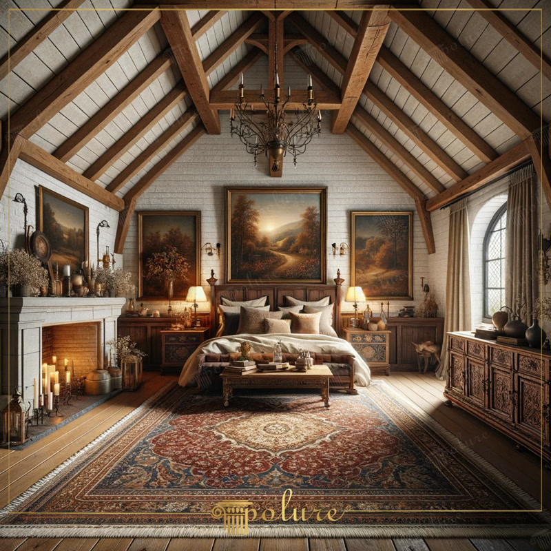 Dormitor rustic cu grinzi decorative și șemineu din cărămidă