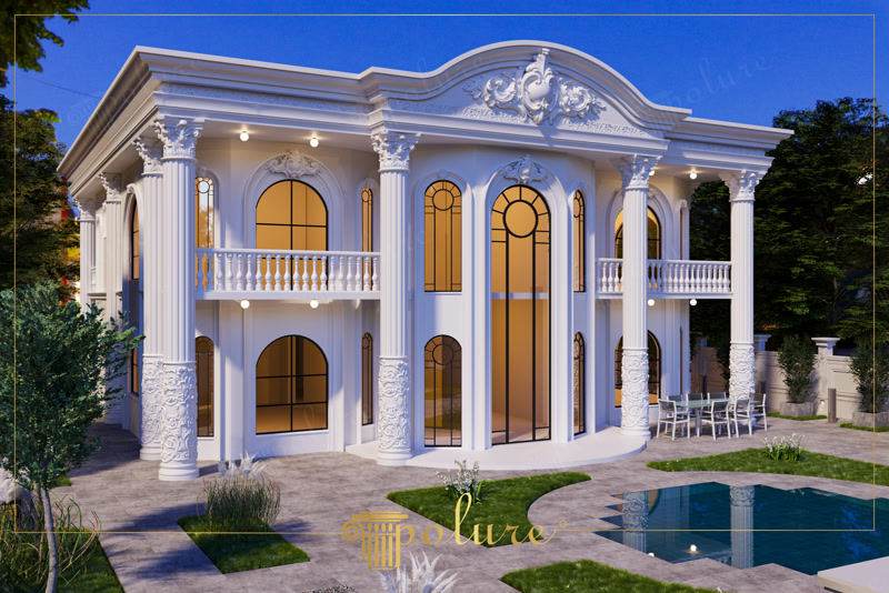Fațadă de vilă neoclasică albă, seara, cu coloane, balustradă și fronton din poliuretan