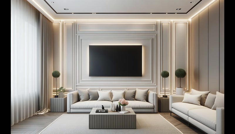 Living modern cu panouri decorative si lumina de contur