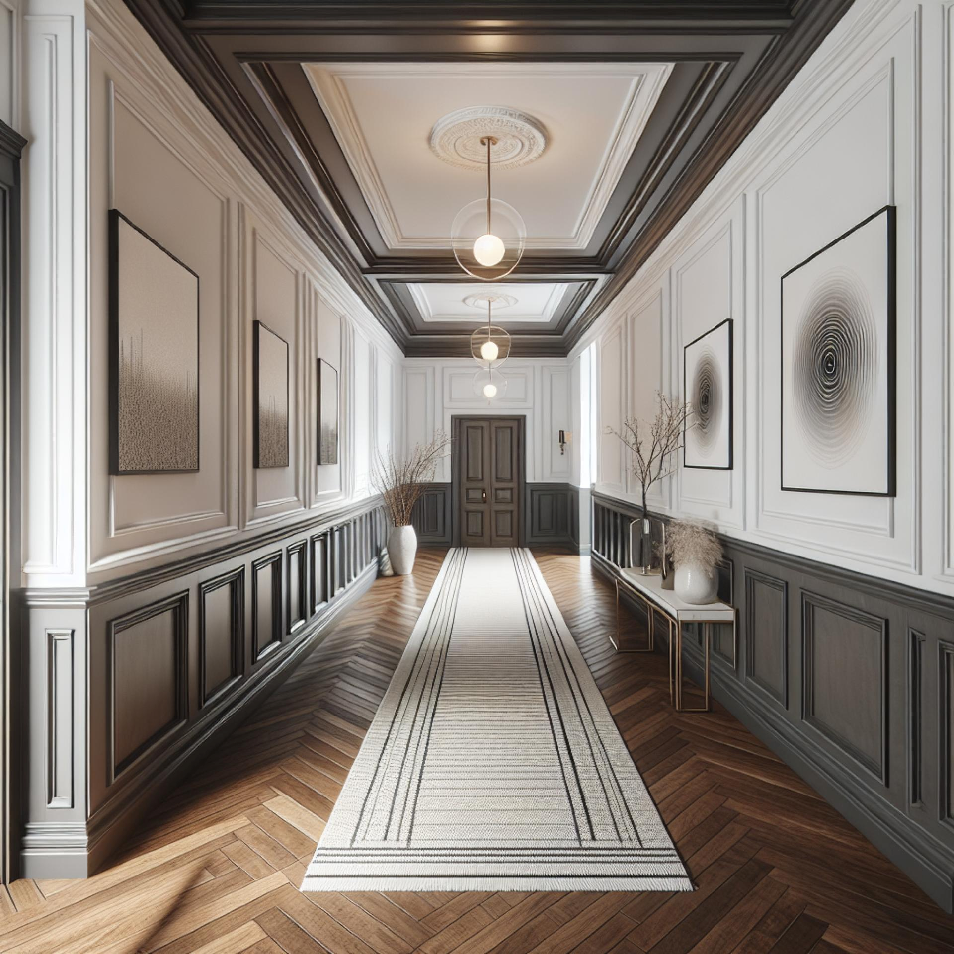 Coridor cu pereti albi, wainscot antracit si tavan casetat cu rozete