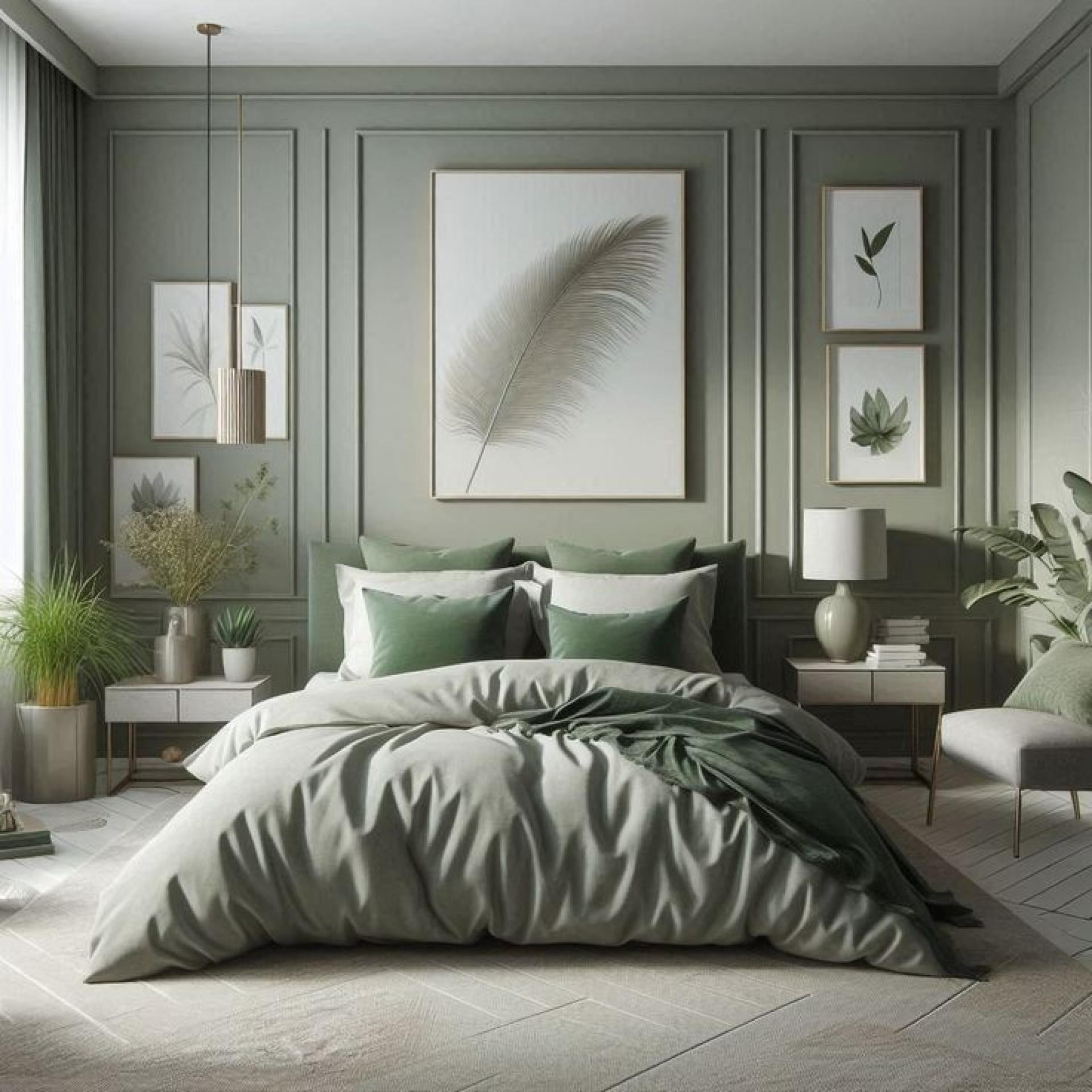 Dormitor verde salvie cu panouri decorative in rame pe pereti