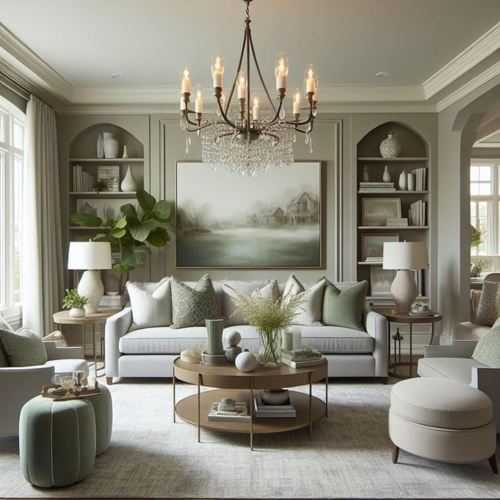Living cu doua nise arcuite laterale, rame si cornisa decorativa