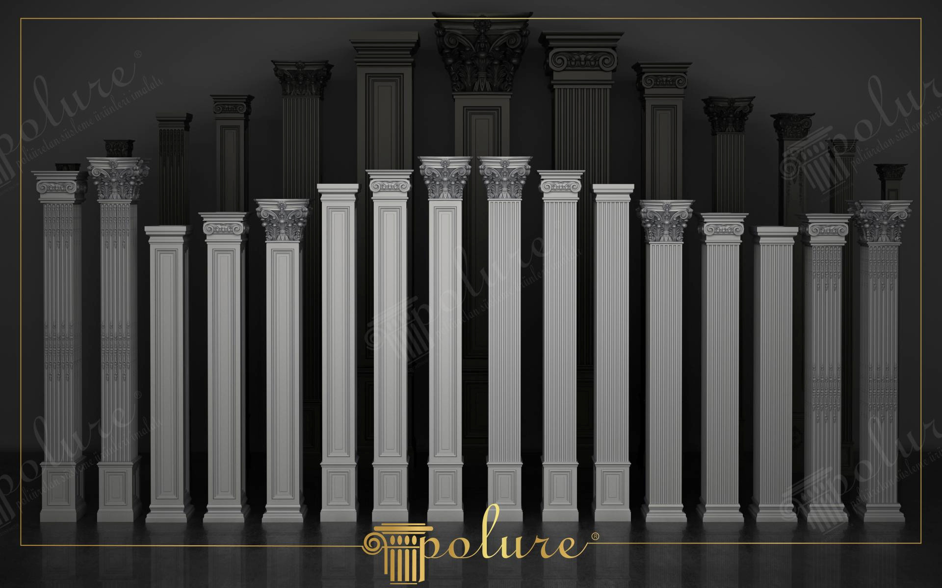 Serie de lesene subțiri din poliuretan cu capiteluri decorative aliniate pe fundal antracit