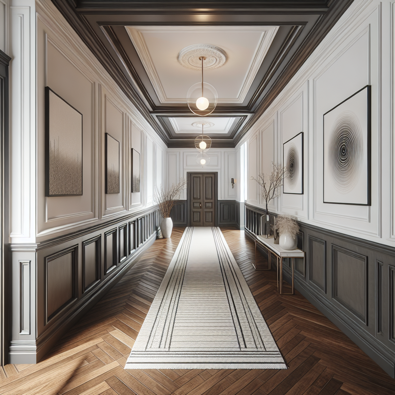 Coridor cu wainscot antracit si tavan casetat cu rozeta