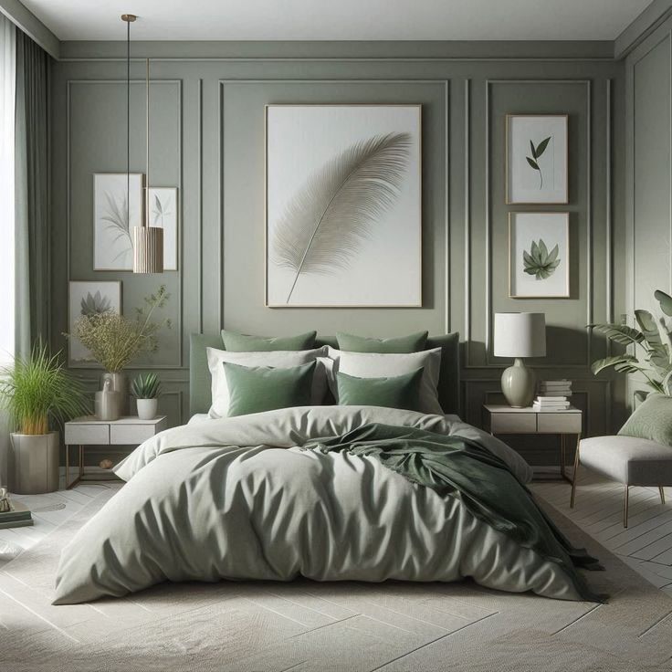 Dormitor verde salvie cu rame decorative pe pereti