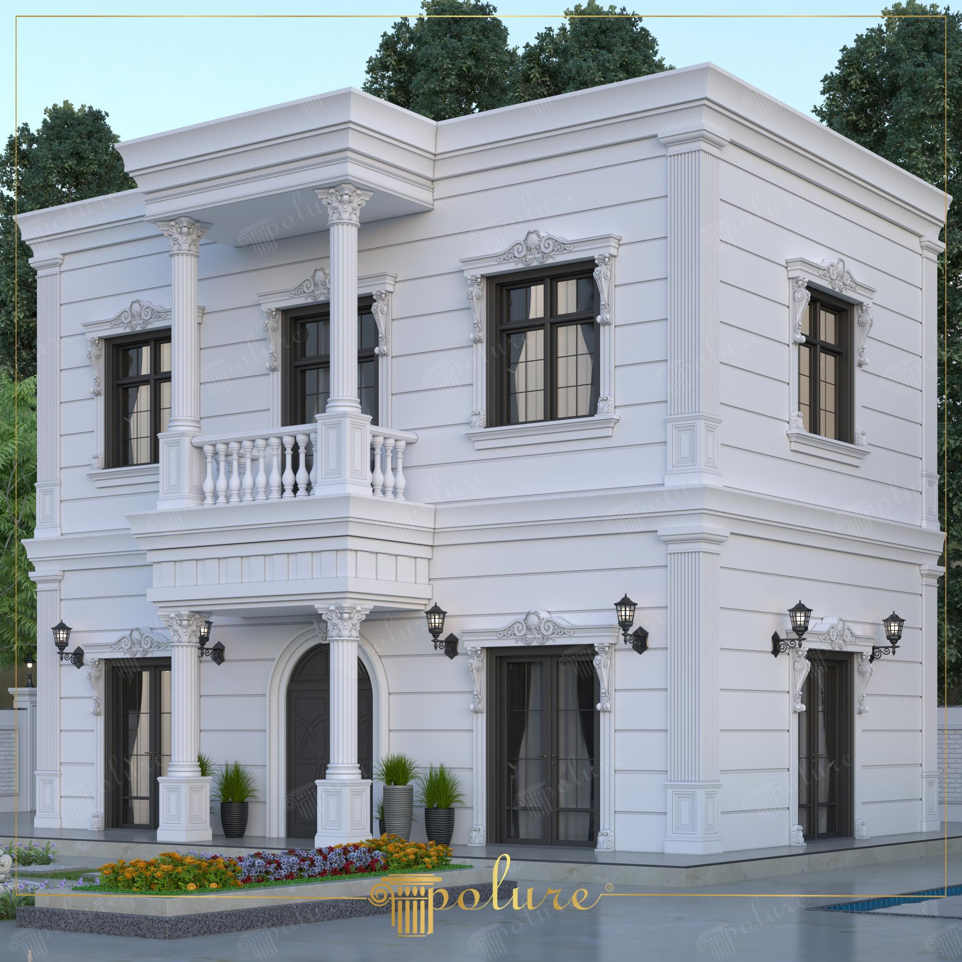 Vilă albă în unghi cu coloane corintice pe terasă și ancadramente sculptate