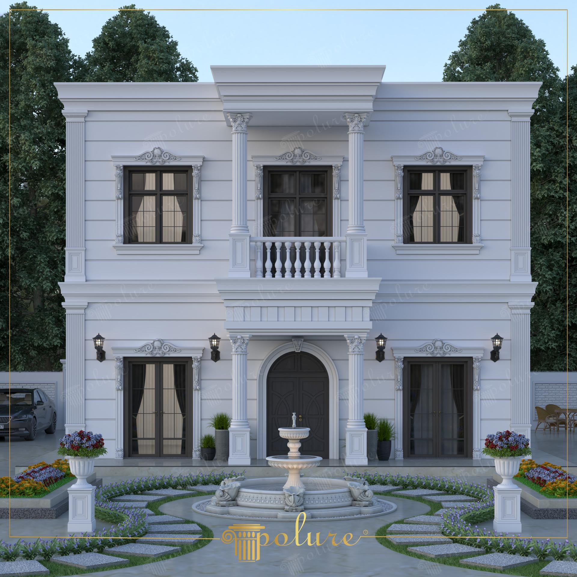 Vilă simetrică deschisă cu coloane la intrare, balcon și fântână cu lei