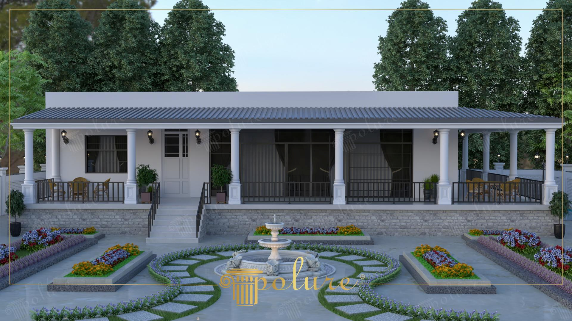 Vilă la parter cu verandă acoperită pe coloane și fântână în grădină