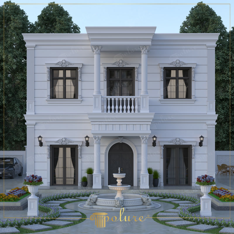 Vilă simetrică deschisă cu coloane la intrare, balcon și fântână cu lei