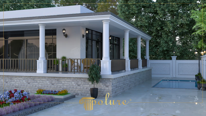 Terasă acoperită pe coloane cu soclu din piatră lângă piscină