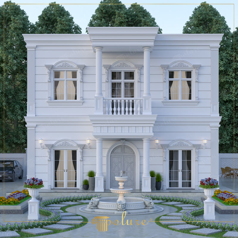 Vilă alb-perlat cu coloane la intrare, balcon cu balustradă și fântână cu lei
