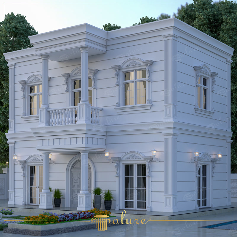 Vilă albă în perspectivă cu balcon pe coloane, ancadramente și intrare arcuită